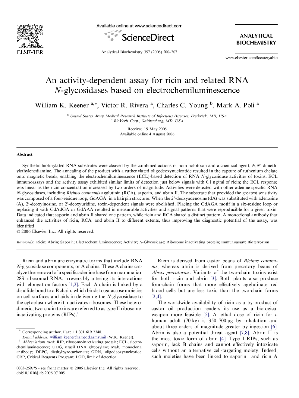 An activity-dependent assay for ricin and related RNA N-glycosidases based on electrochemiluminescence