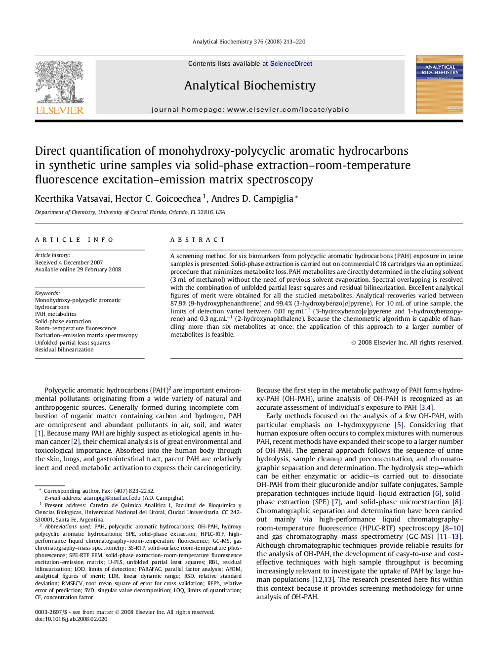 Direct quantification of monohydroxy-polycyclic aromatic hydrocarbons in synthetic urine samples via solid-phase extraction–room-temperature fluorescence excitation–emission matrix spectroscopy