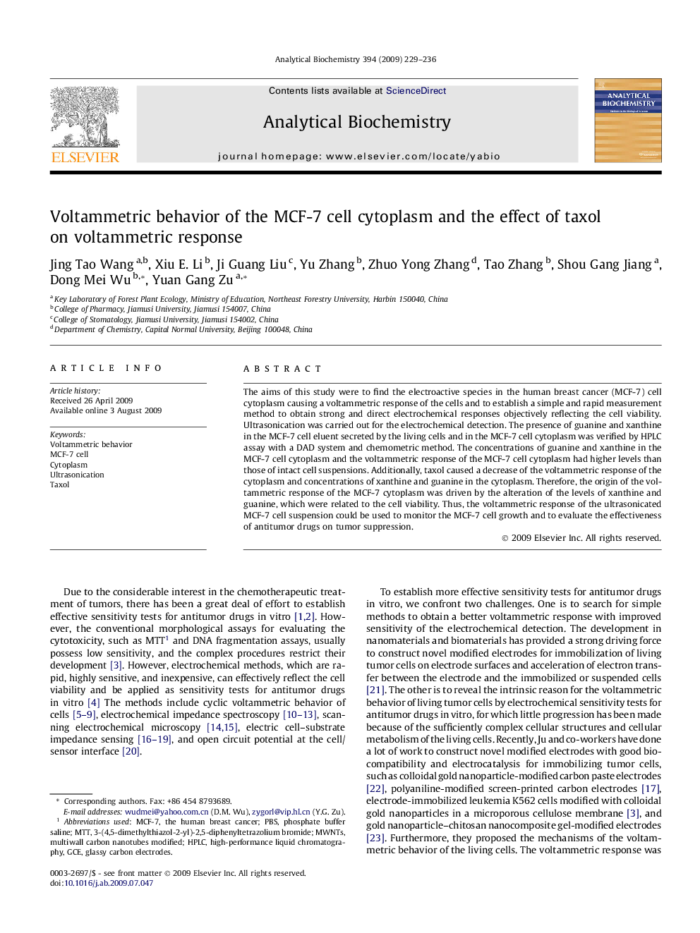 Voltammetric behavior of the MCF-7 cell cytoplasm and the effect of taxol on voltammetric response