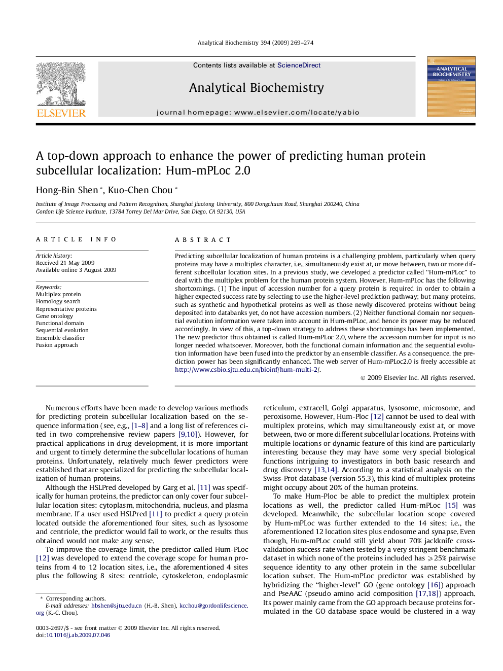 A top-down approach to enhance the power of predicting human protein subcellular localization: Hum-mPLoc 2.0