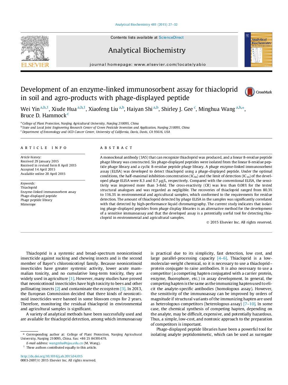 Development of an enzyme-linked immunosorbent assay for thiacloprid in soil and agro-products with phage-displayed peptide