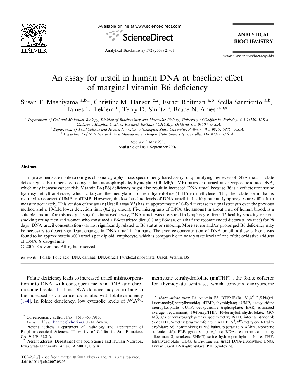 An assay for uracil in human DNA at baseline: effect of marginal vitamin B6 deficiency