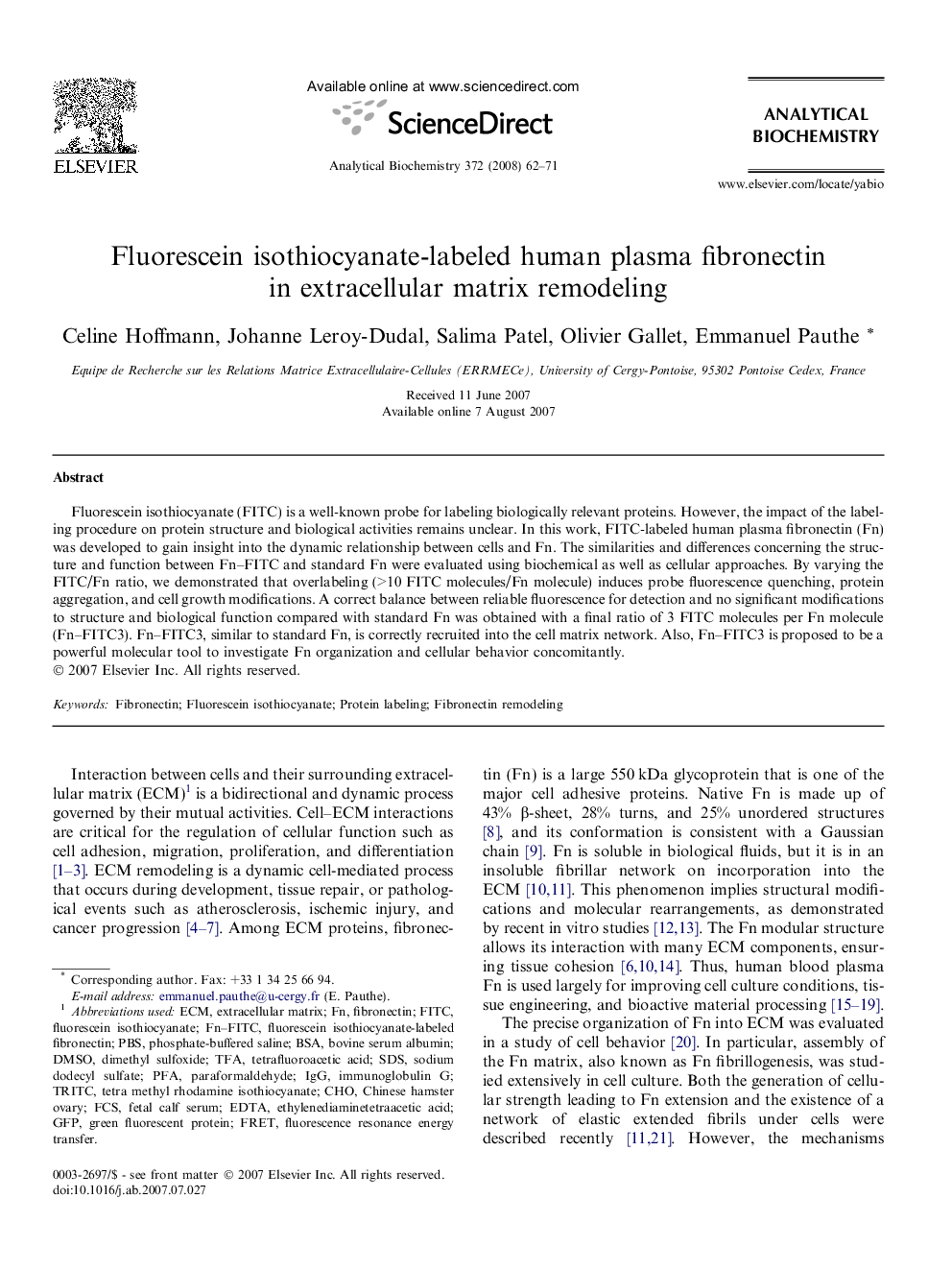 Fluorescein isothiocyanate-labeled human plasma fibronectin in extracellular matrix remodeling