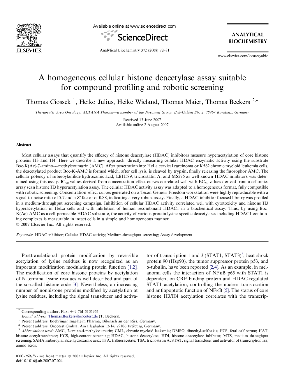 A homogeneous cellular histone deacetylase assay suitable for compound profiling and robotic screening