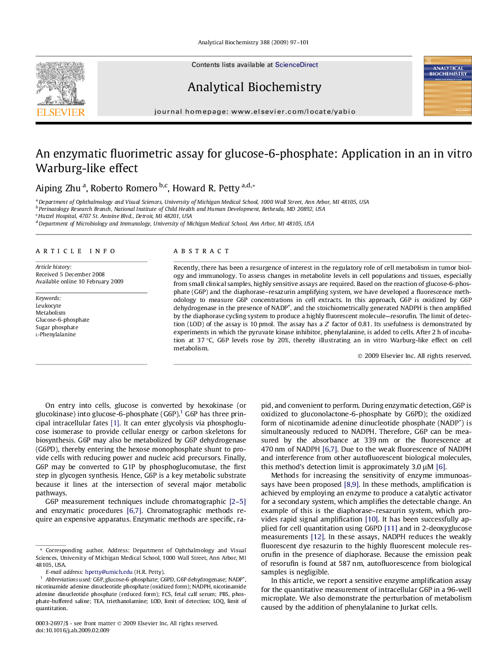 An enzymatic fluorimetric assay for glucose-6-phosphate: Application in an in vitro Warburg-like effect