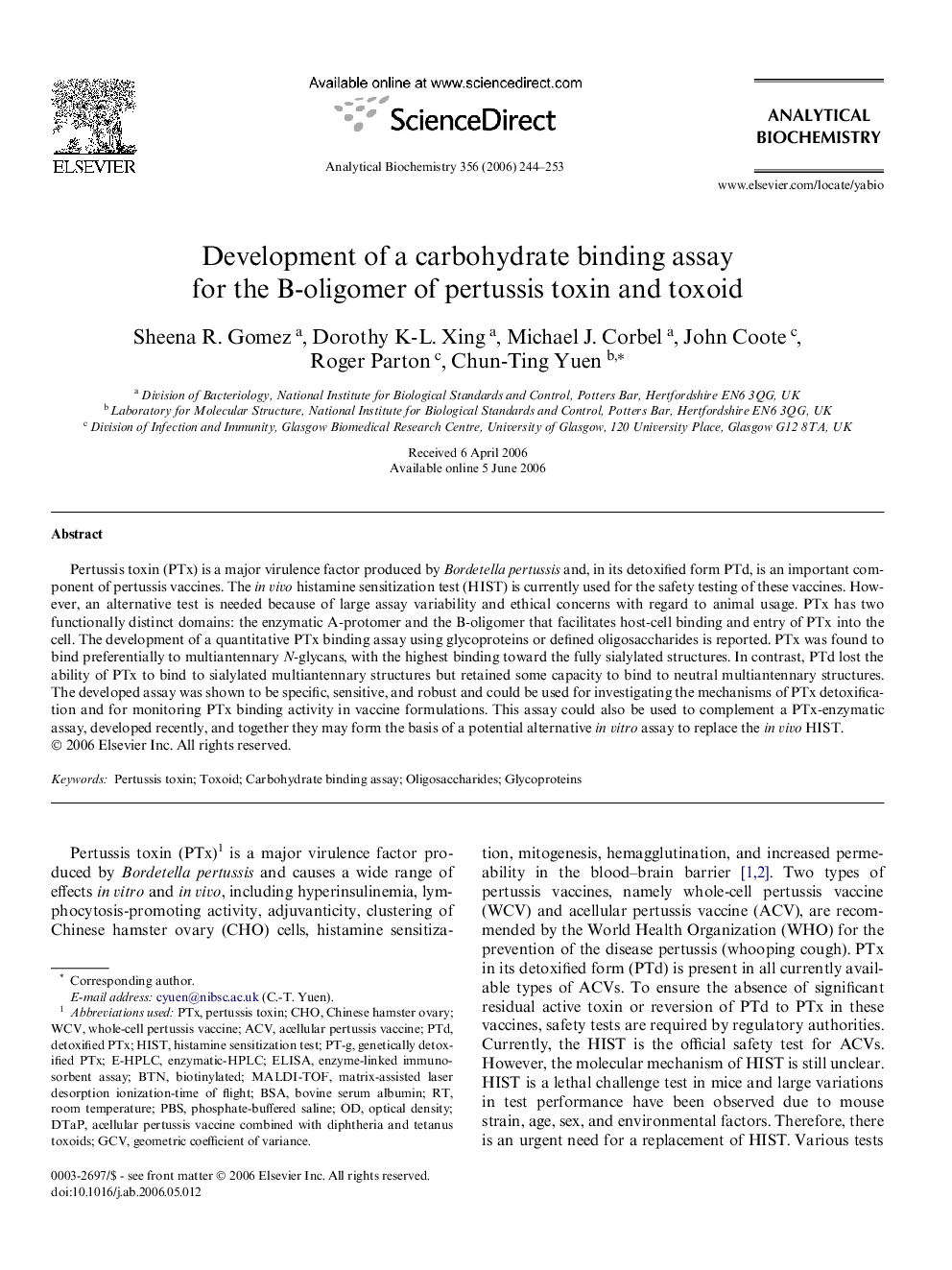 Development of a carbohydrate binding assay for the B-oligomer of pertussis toxin and toxoid