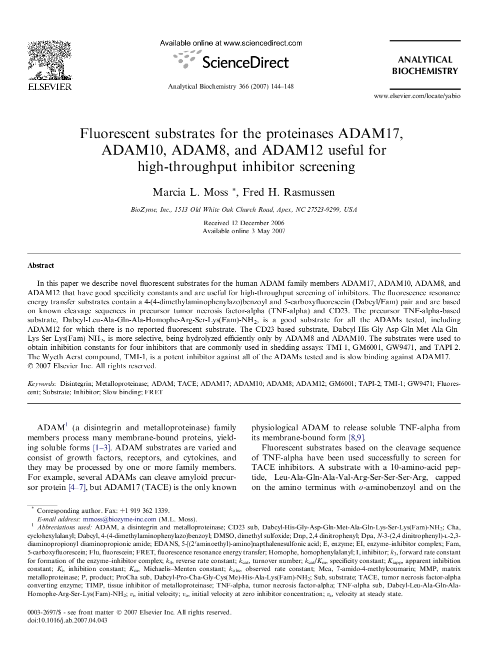 Fluorescent substrates for the proteinases ADAM17, ADAM10, ADAM8, and ADAM12 useful for high-throughput inhibitor screening