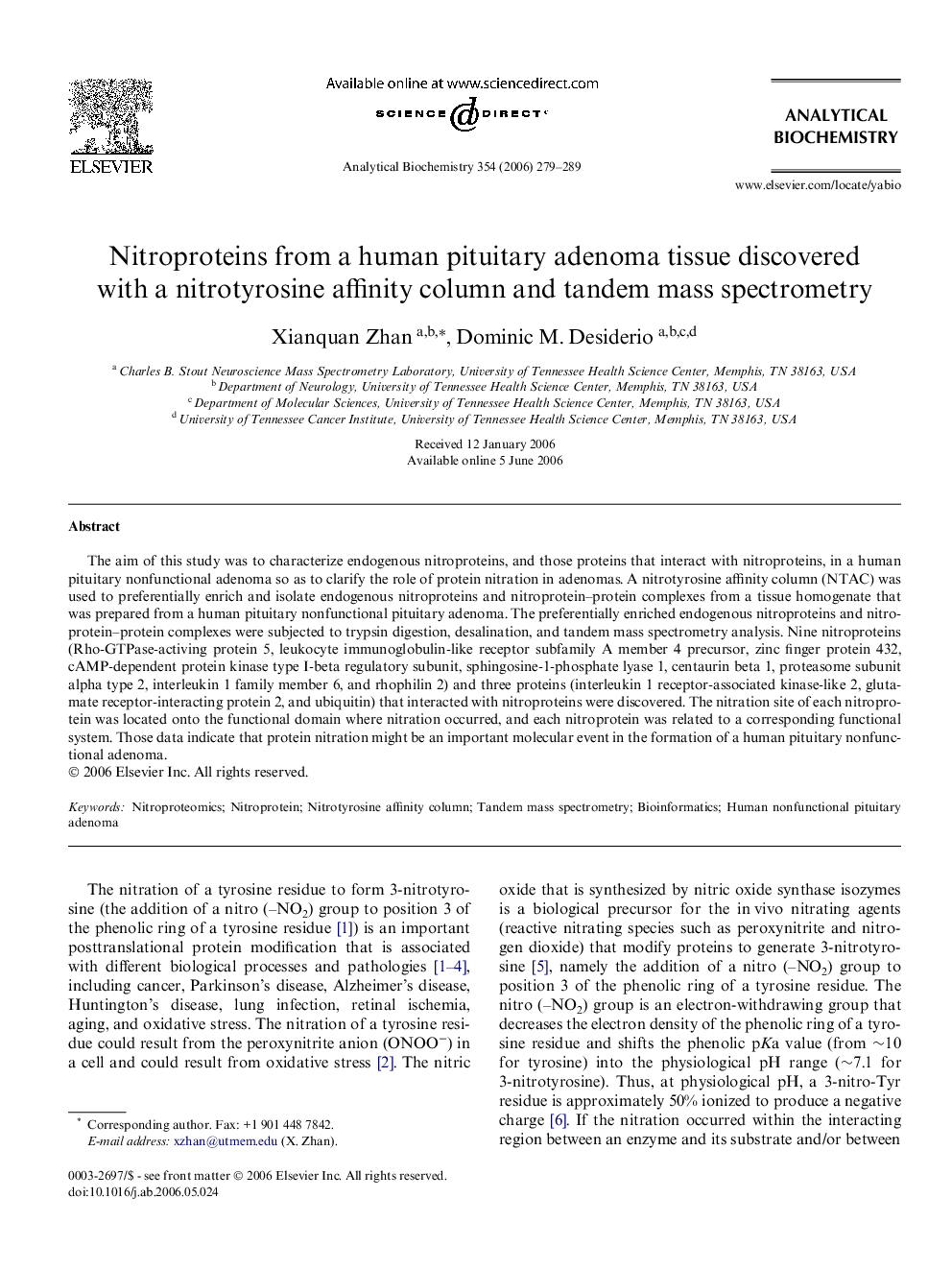 Nitroproteins from a human pituitary adenoma tissue discovered with a nitrotyrosine affinity column and tandem mass spectrometry