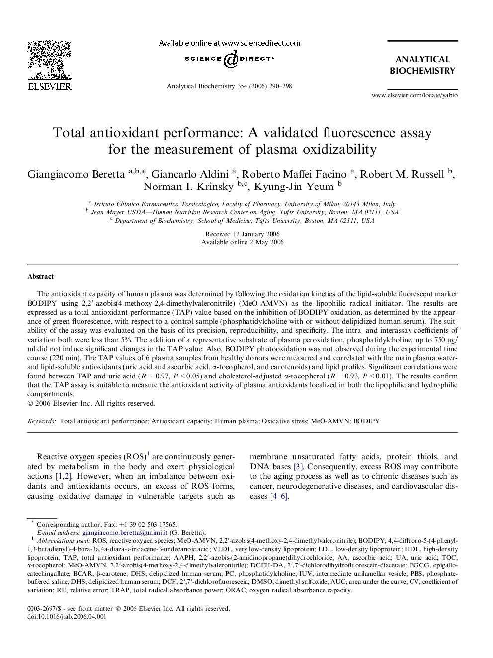 عکس صفحه اول مقاله: Total antioxidant performance: A validated fluorescence assay for the measurement of plasma oxidizability Total antioxidant performance: A validated fluorescence assay for the measurement of plasma oxidizability