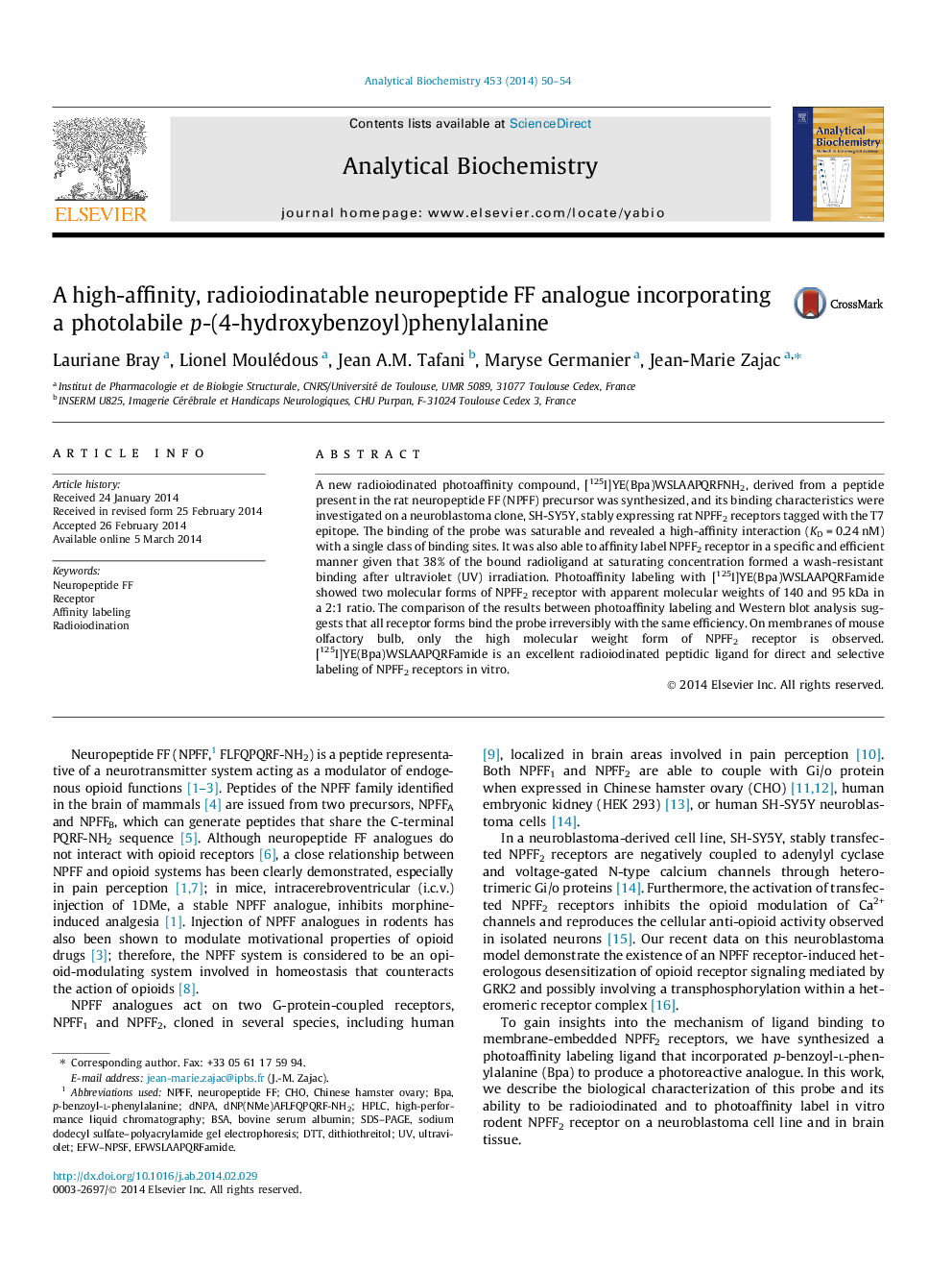 A high-affinity, radioiodinatable neuropeptide FF analogue incorporating a photolabile p-(4-hydroxybenzoyl)phenylalanine