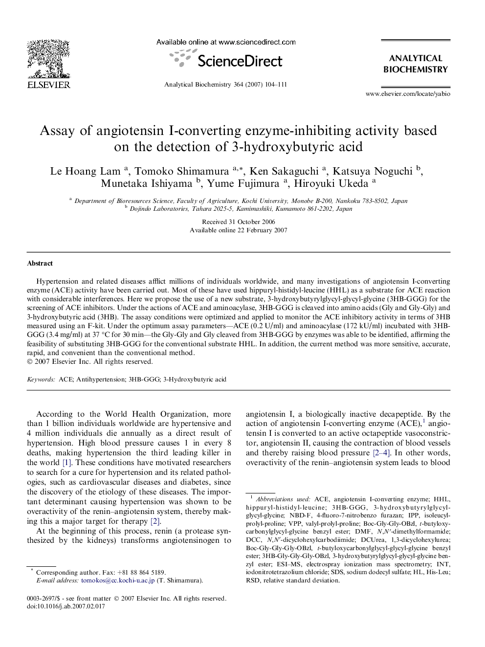 Assay of angiotensin I-converting enzyme-inhibiting activity based on the detection of 3-hydroxybutyric acid