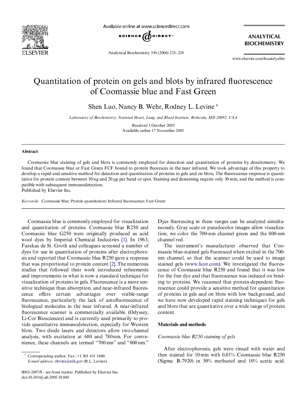 Quantitation of protein on gels and blots by infrared fluorescence of Coomassie blue and Fast Green