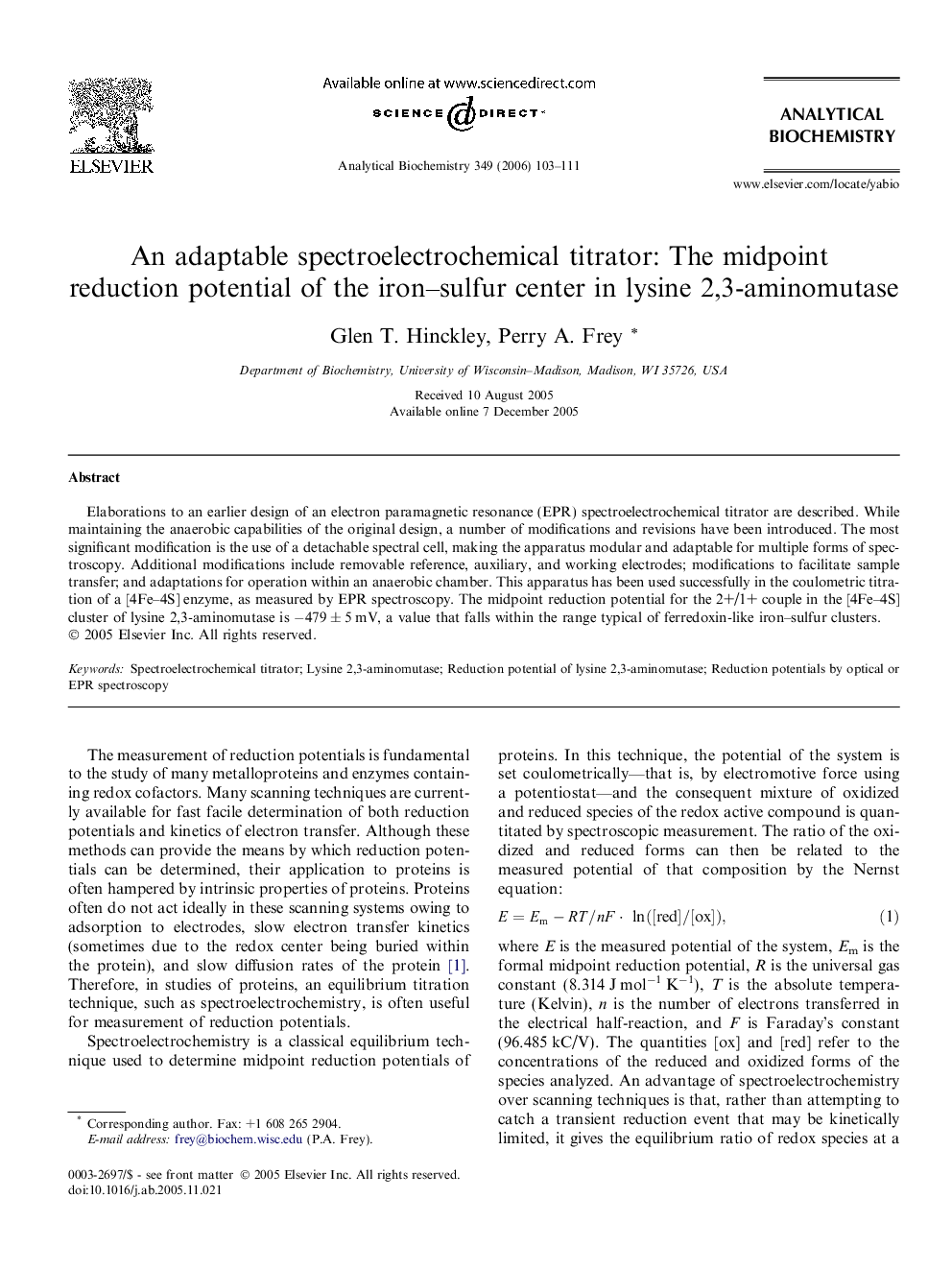 An adaptable spectroelectrochemical titrator: The midpoint reduction potential of the iron-sulfur center in lysine 2,3-aminomutase