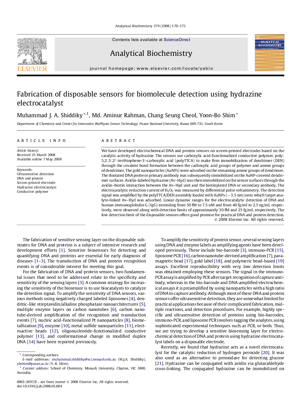 Fabrication of disposable sensors for biomolecule detection using hydrazine electrocatalyst