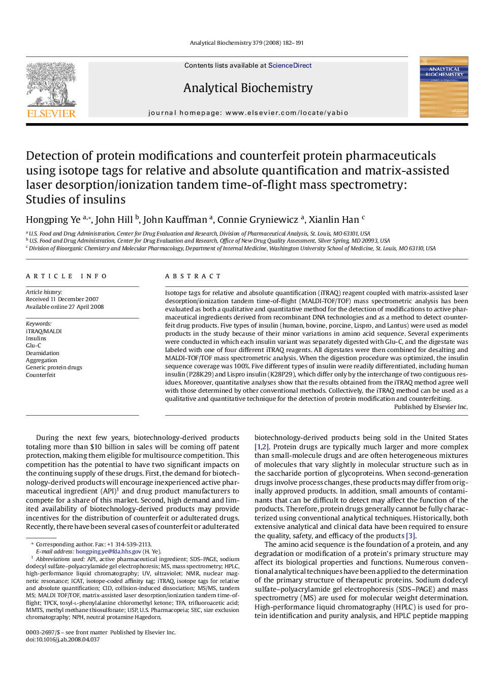 Detection of protein modifications and counterfeit protein pharmaceuticals using isotope tags for relative and absolute quantification and matrix-assisted laser desorption/ionization tandem time-of-flight mass spectrometry: Studies of insulins