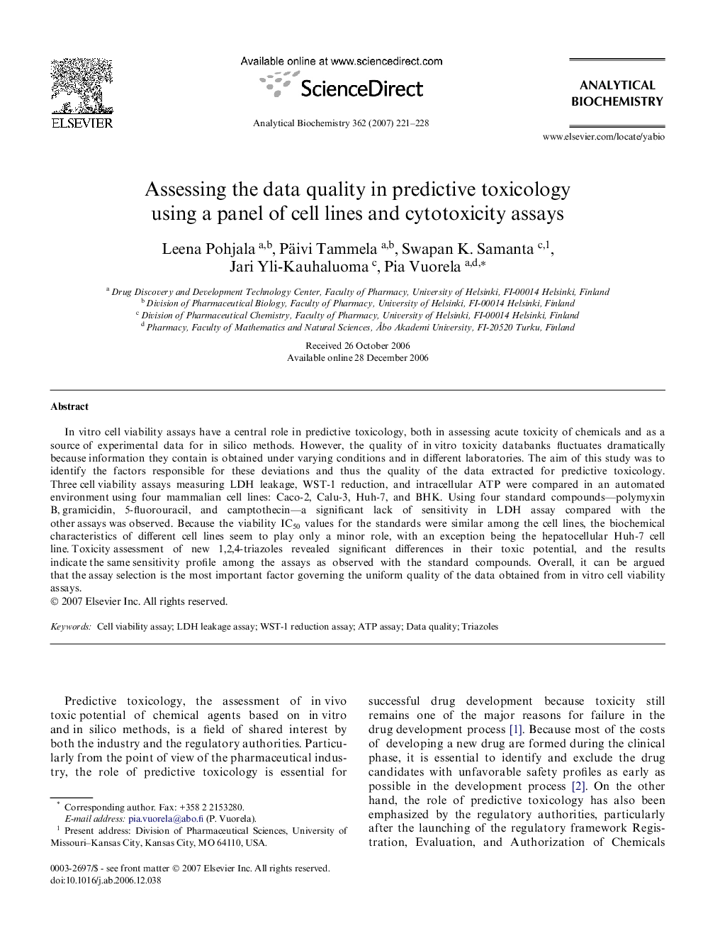 Assessing the data quality in predictive toxicology using a panel of cell lines and cytotoxicity assays