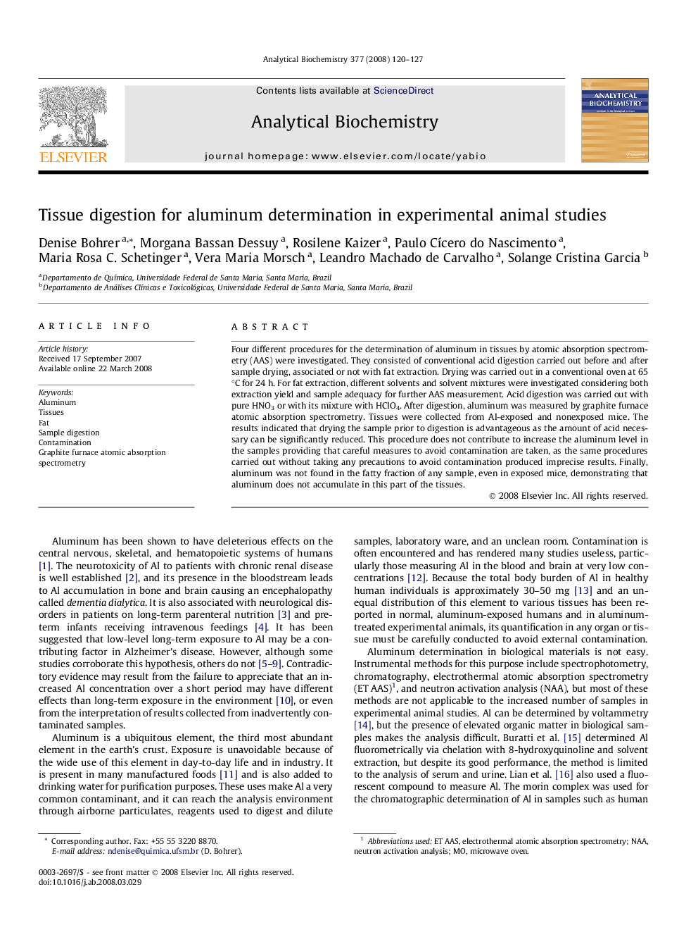 Tissue digestion for aluminum determination in experimental animal studies