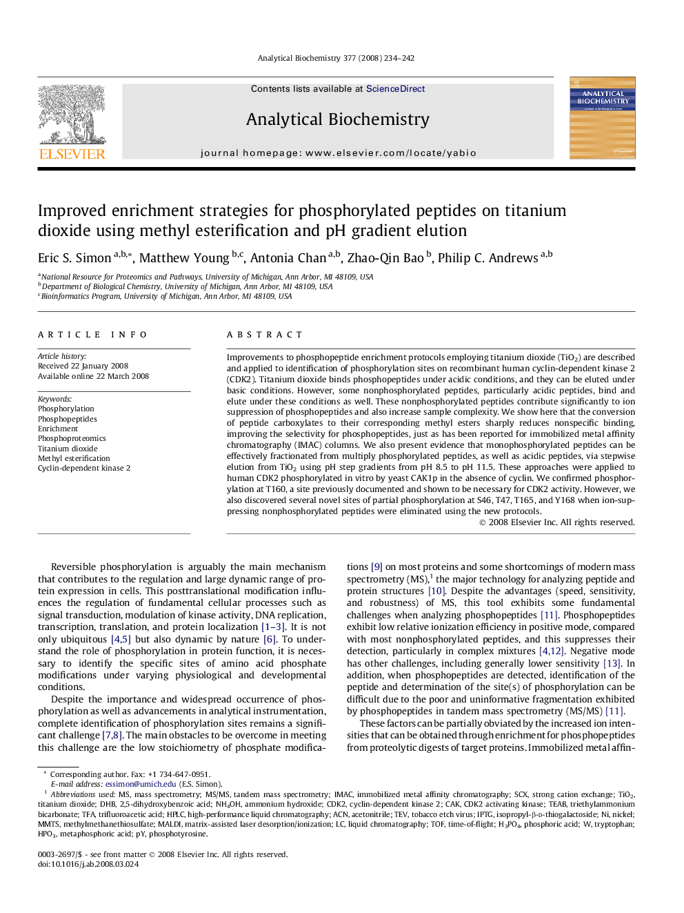 Improved enrichment strategies for phosphorylated peptides on titanium dioxide using methyl esterification and pH gradient elution