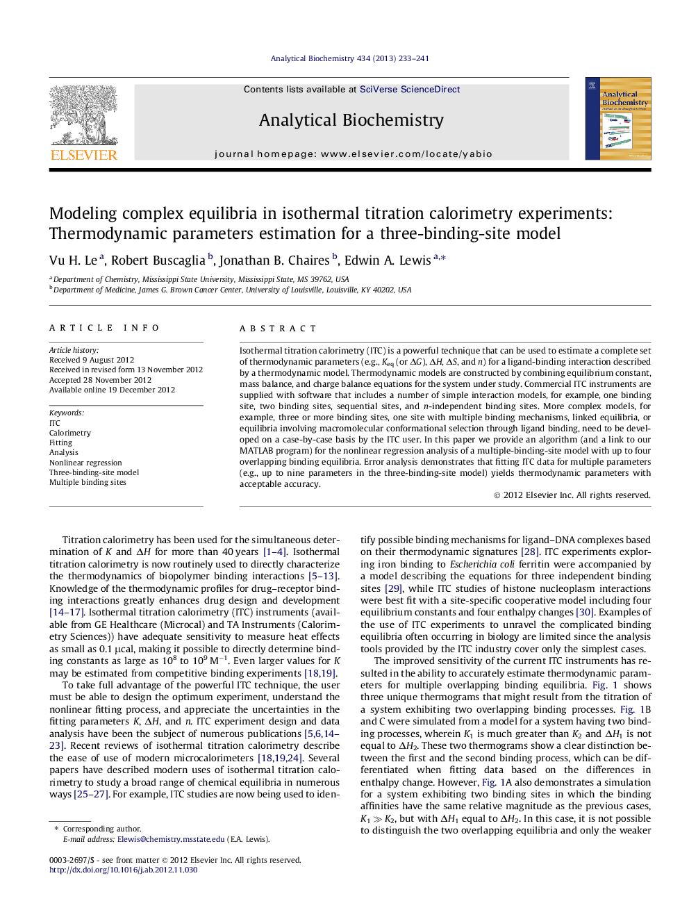 Modeling complex equilibria in isothermal titration calorimetry experiments: Thermodynamic parameters estimation for a three-binding-site model