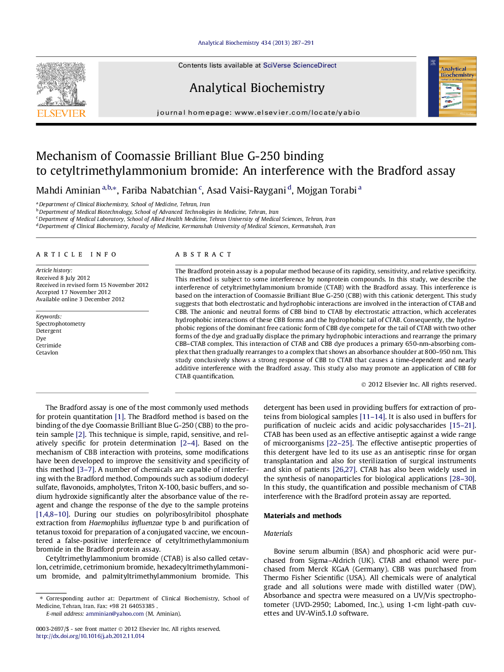 Mechanism of Coomassie Brilliant Blue G-250 binding to cetyltrimethylammonium bromide: An interference with the Bradford assay