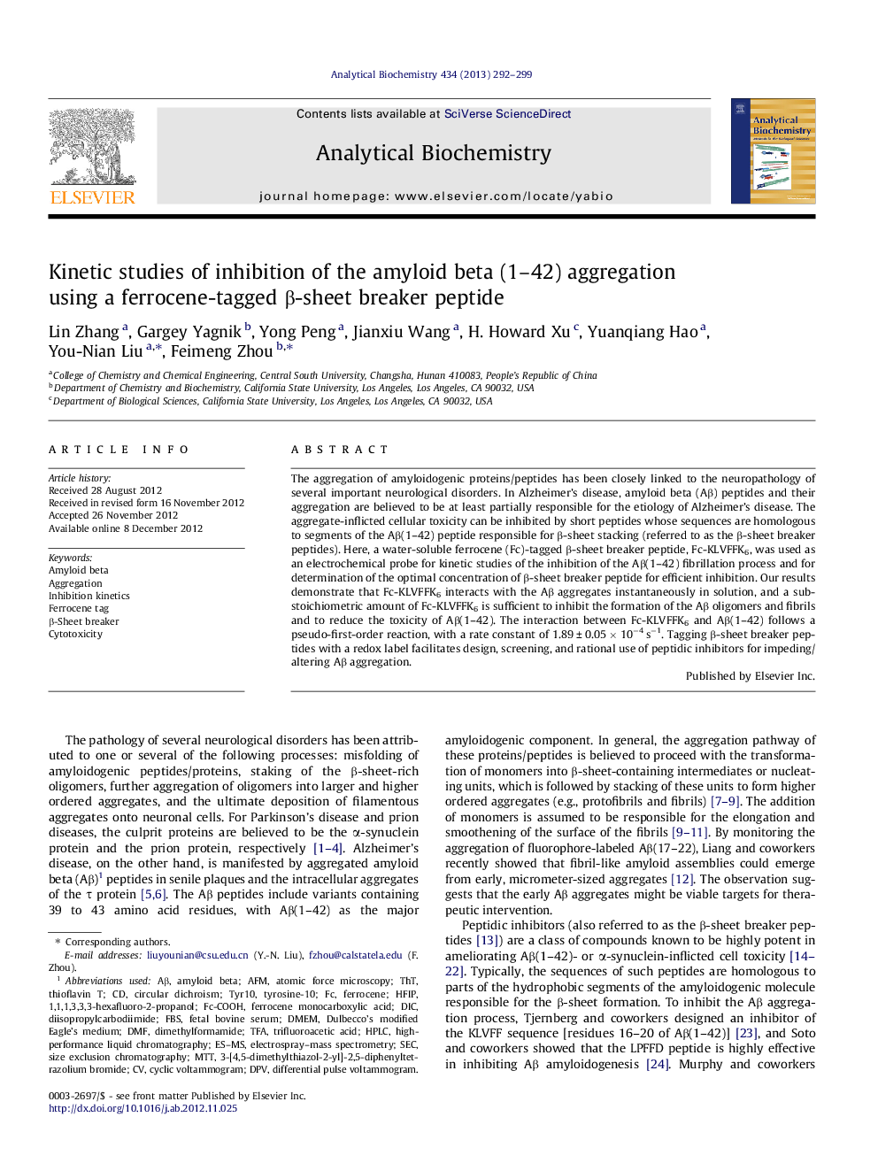 Kinetic studies of inhibition of the amyloid beta (1–42) aggregation using a ferrocene-tagged β-sheet breaker peptide