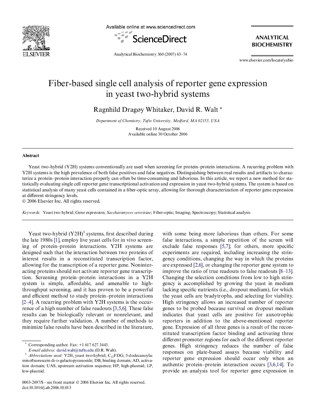 Fiber-based single cell analysis of reporter gene expression in yeast two-hybrid systems