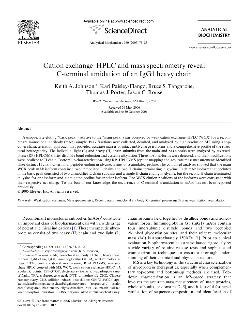 Cation exchange–HPLC and mass spectrometry reveal C-terminal amidation of an IgG1 heavy chain