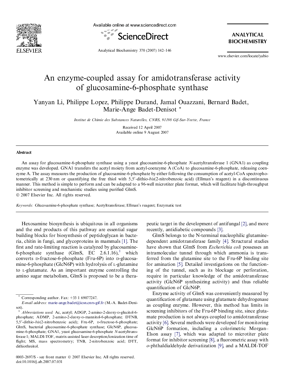 An enzyme-coupled assay for amidotransferase activity of glucosamine-6-phosphate synthase