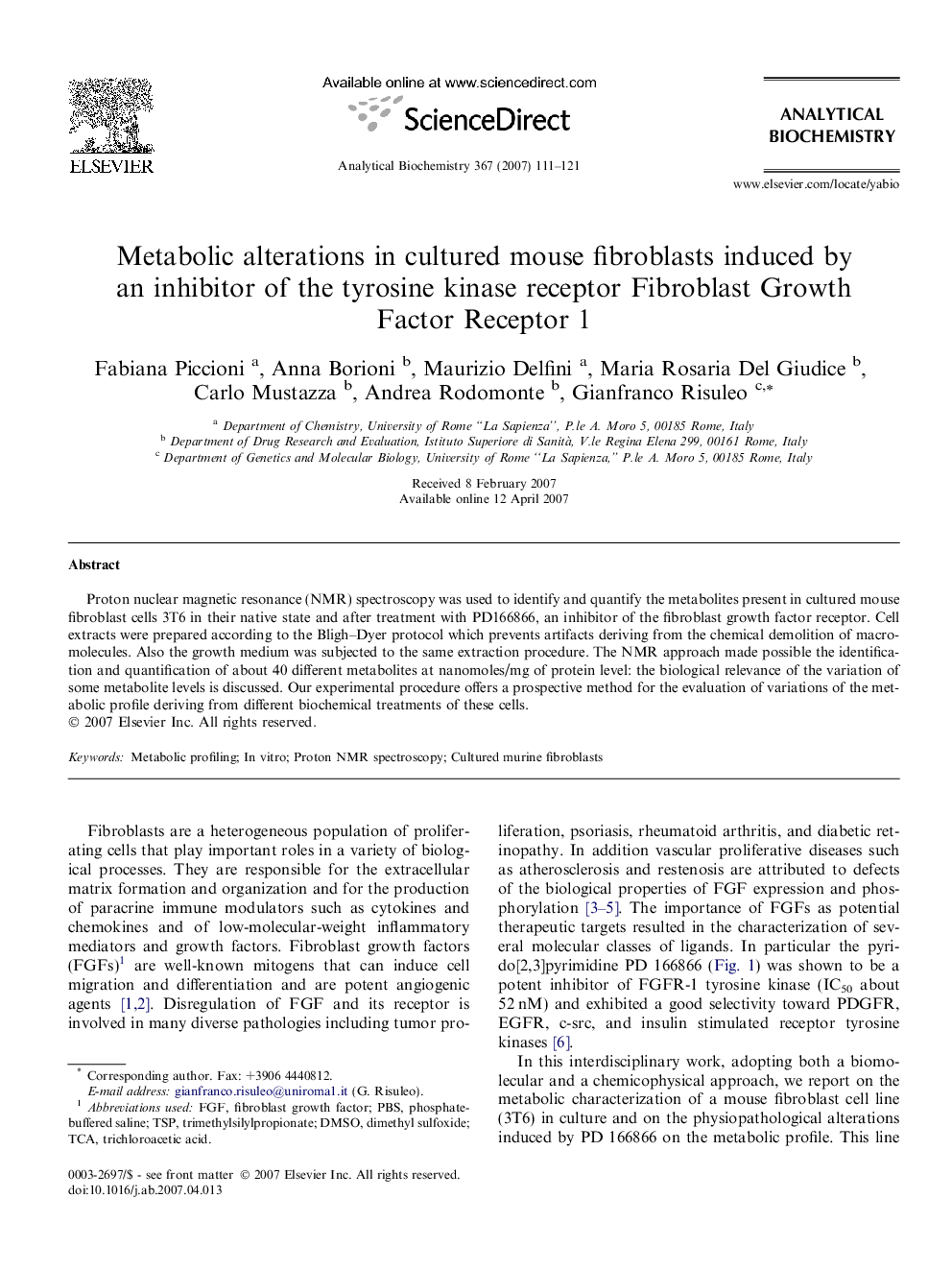 Metabolic alterations in cultured mouse fibroblasts induced by an inhibitor of the tyrosine kinase receptor Fibroblast Growth Factor Receptor 1