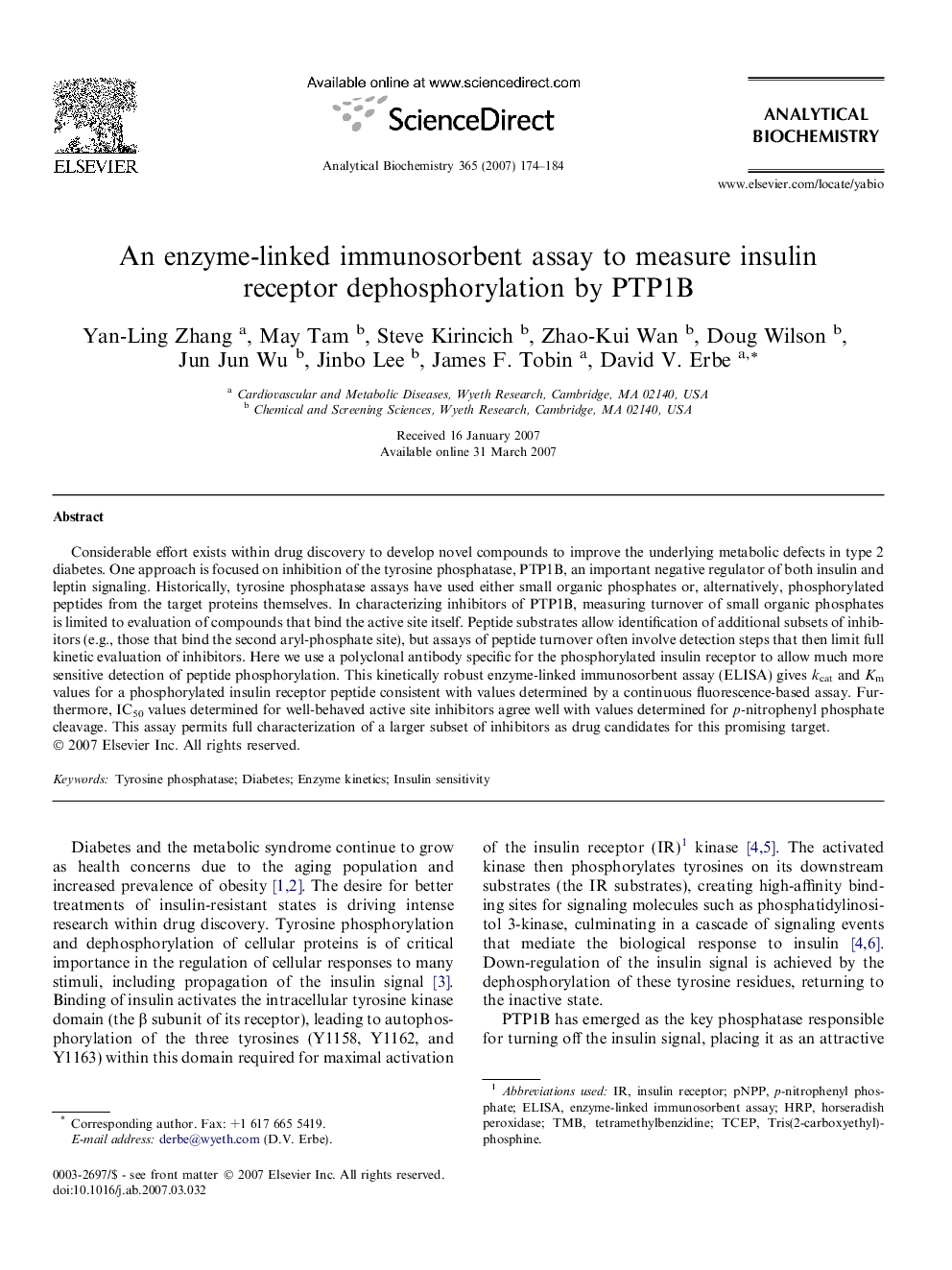 An enzyme-linked immunosorbent assay to measure insulin receptor dephosphorylation by PTP1B