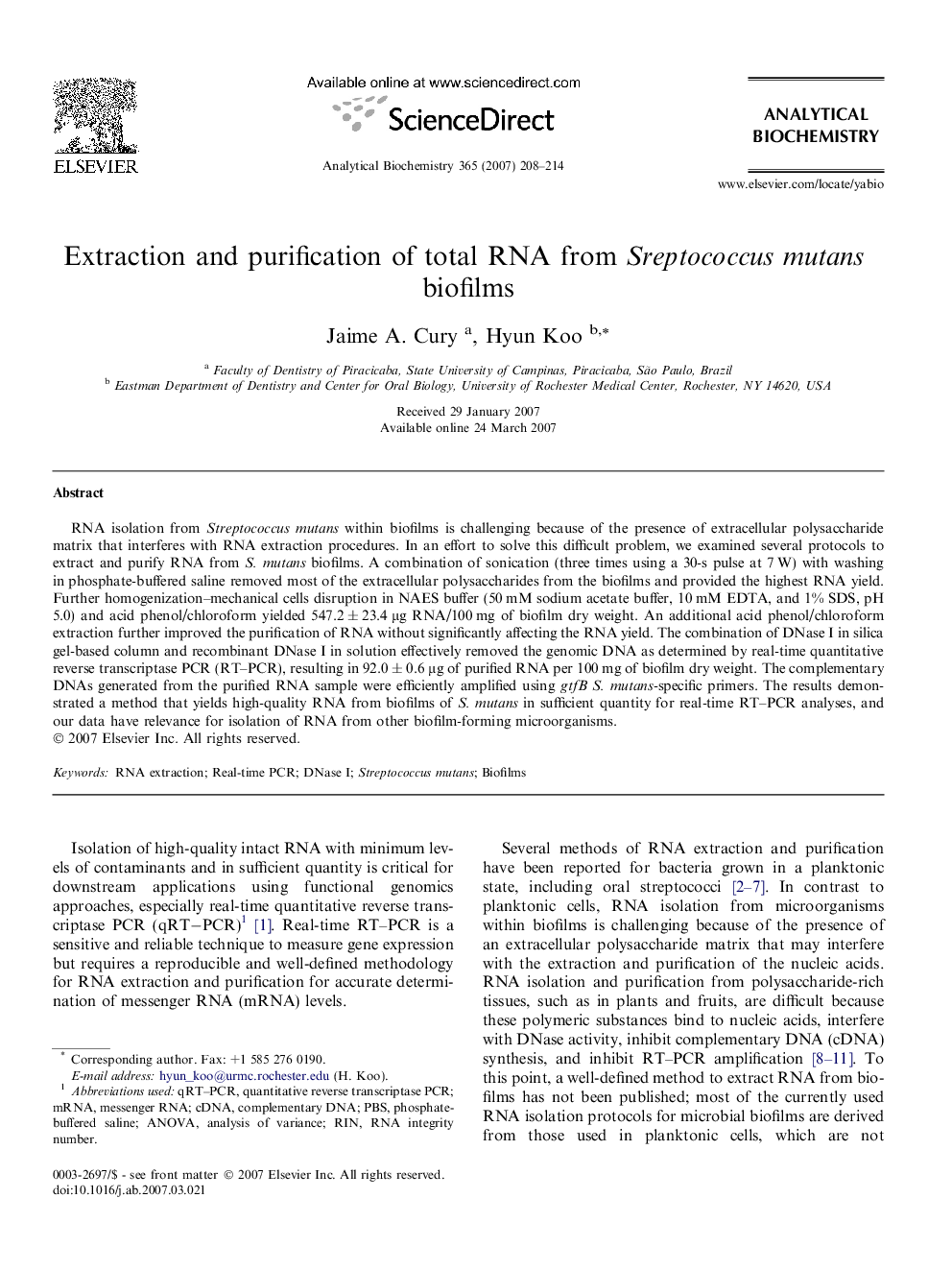 Extraction and purification of total RNA from Sreptococcus mutans biofilms