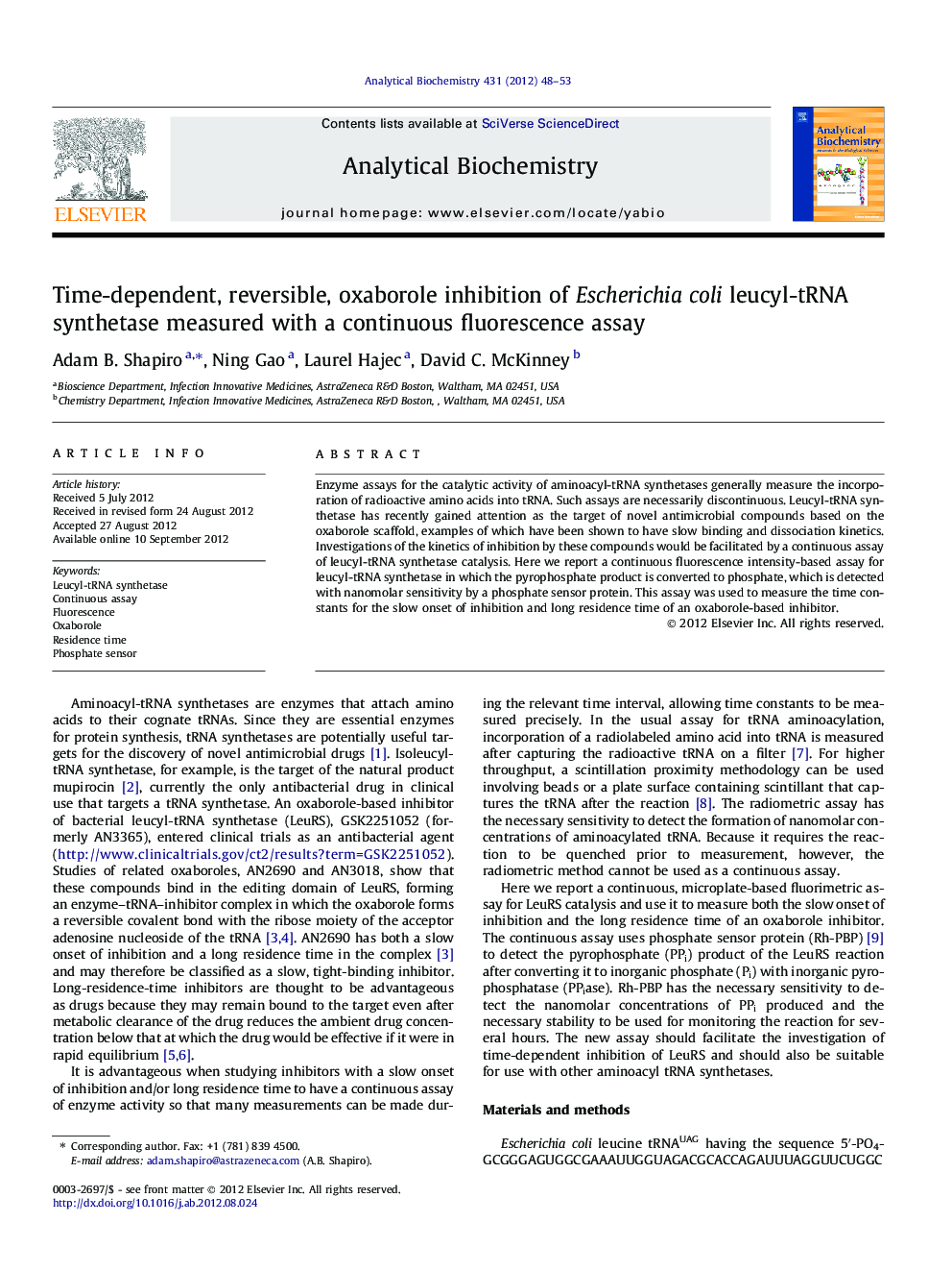 Time-dependent, reversible, oxaborole inhibition of Escherichia coli leucyl-tRNA synthetase measured with a continuous fluorescence assay