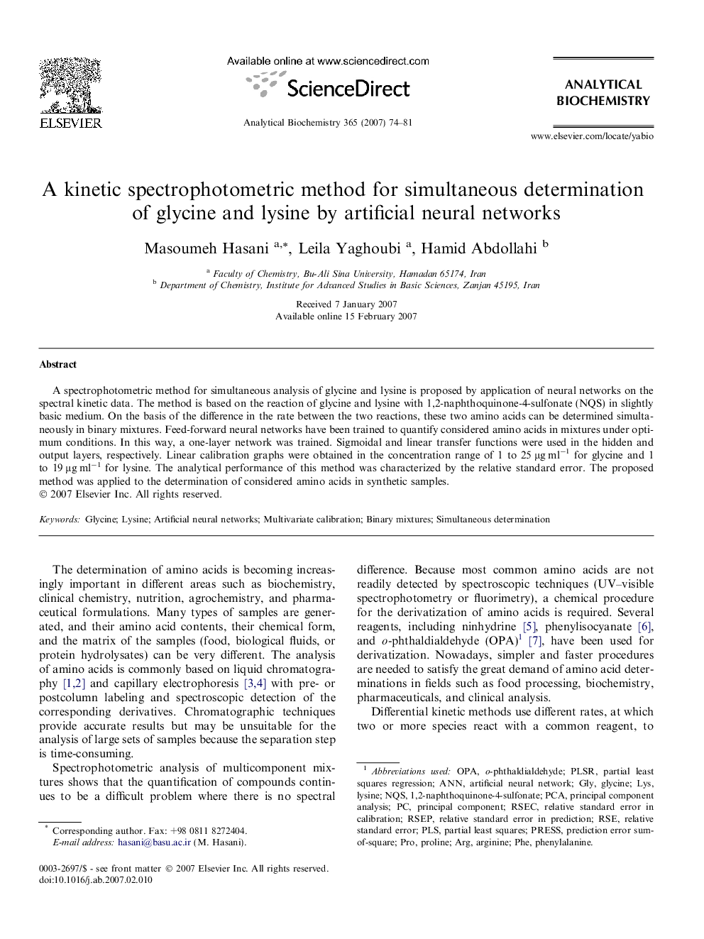 A kinetic spectrophotometric method for simultaneous determination of glycine and lysine by artificial neural networks