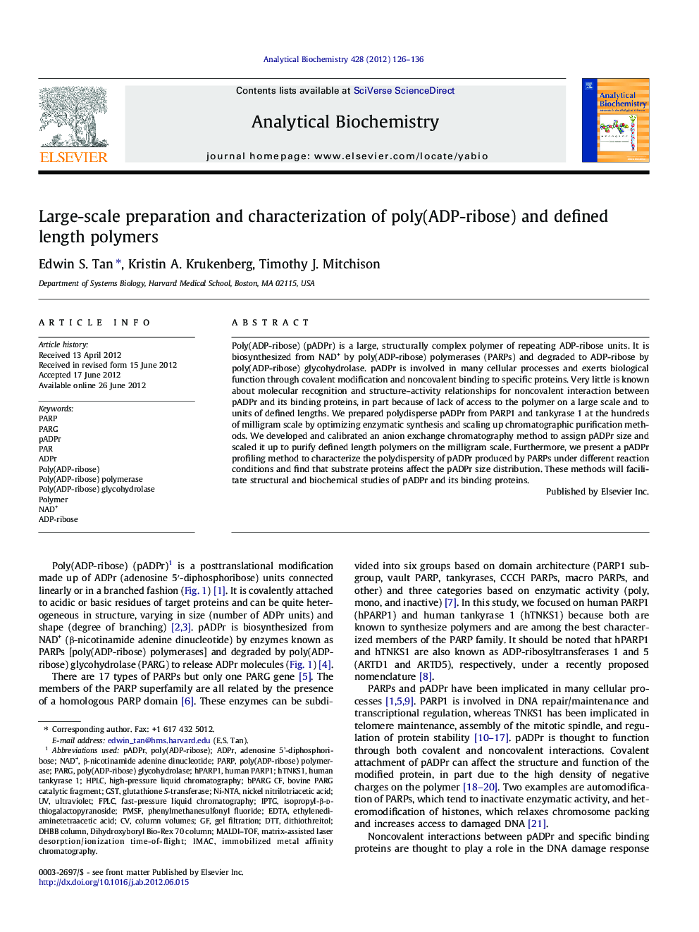 Large-scale preparation and characterization of poly(ADP-ribose) and defined length polymers