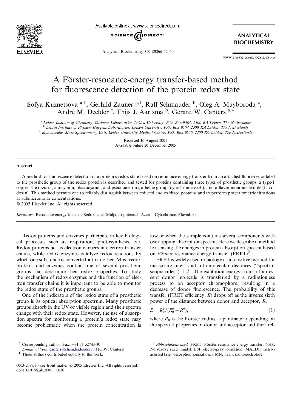 A Förster-resonance-energy transfer-based method for fluorescence detection of the protein redox state