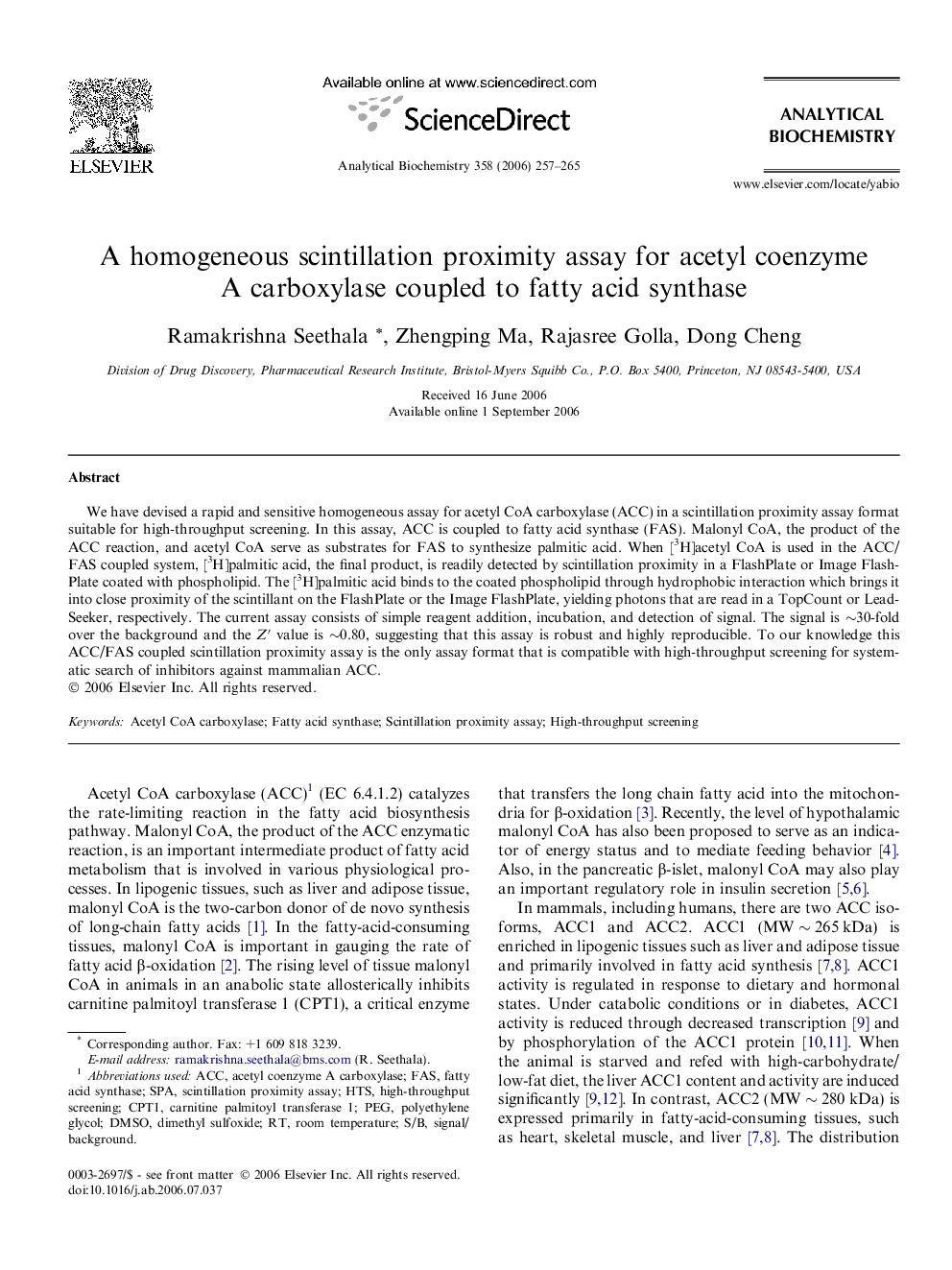 A homogeneous scintillation proximity assay for acetyl coenzyme A carboxylase coupled to fatty acid synthase