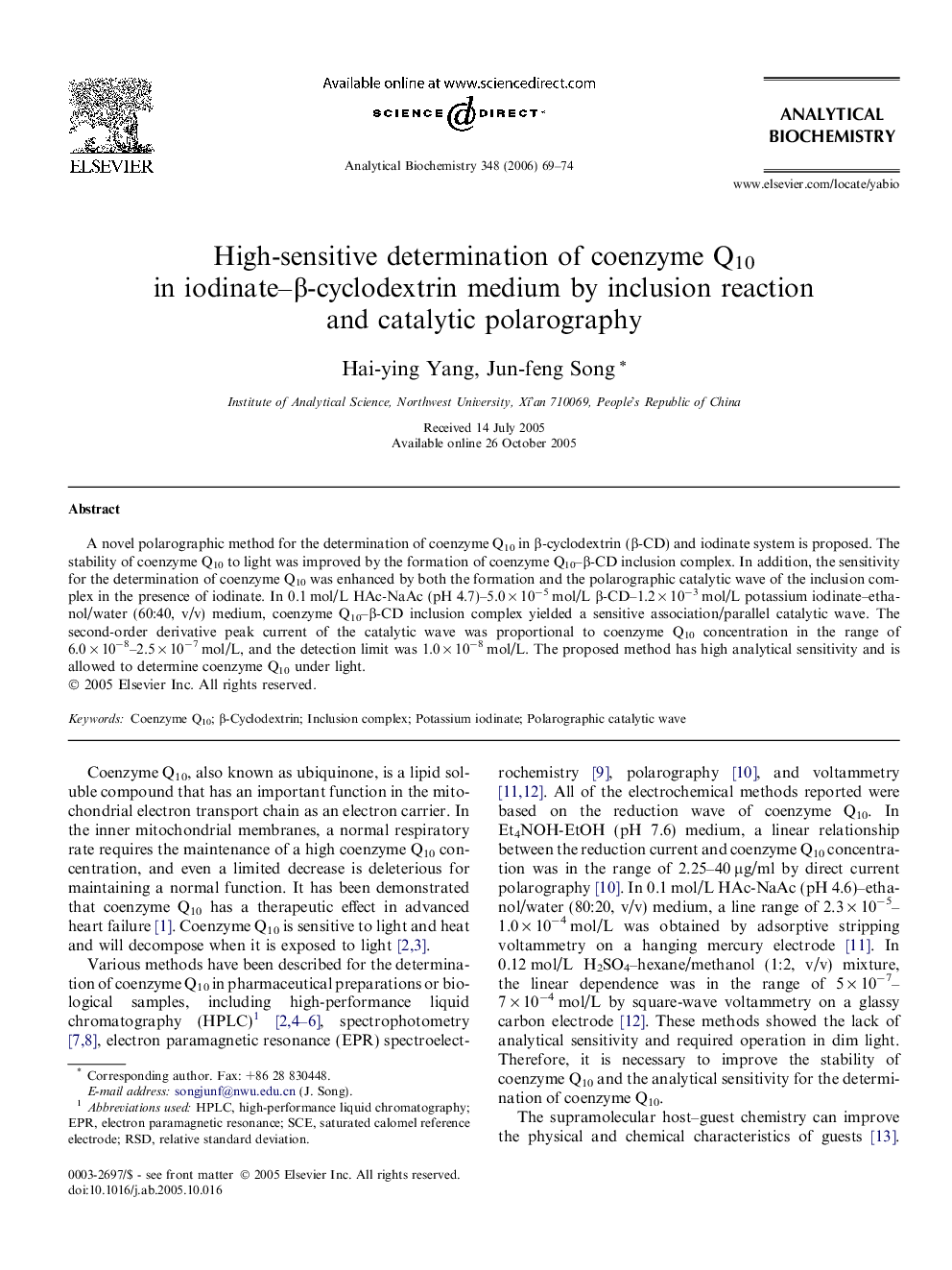 High-sensitive determination of coenzyme Q10 in iodinate-Î²-cyclodextrin medium by inclusion reaction and catalytic polarography