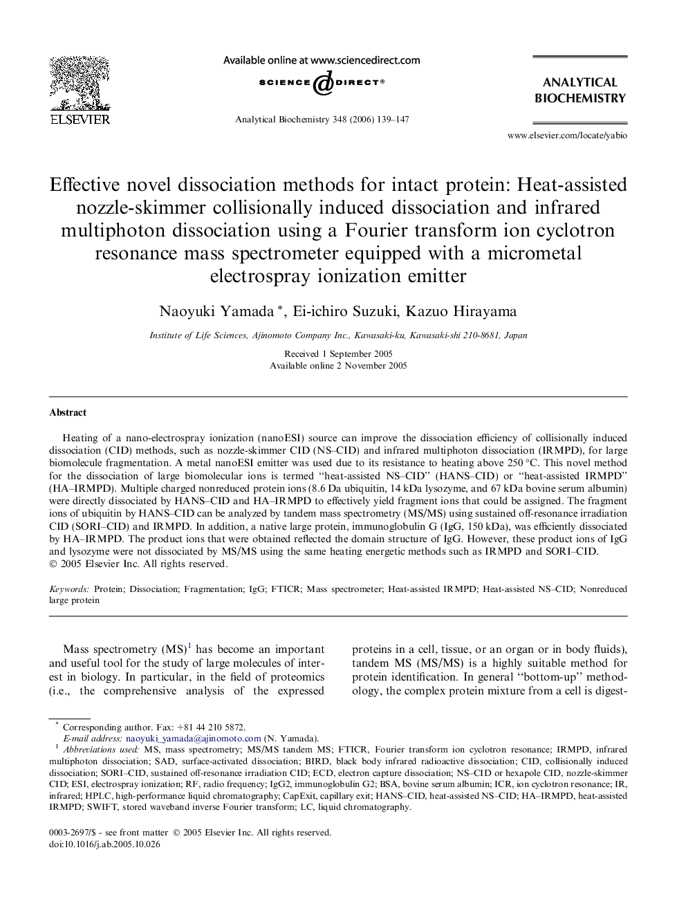 Effective novel dissociation methods for intact protein: Heat-assisted nozzle-skimmer collisionally induced dissociation and infrared multiphoton dissociation using a Fourier transform ion cyclotron resonance mass spectrometer equipped with a micrometal e