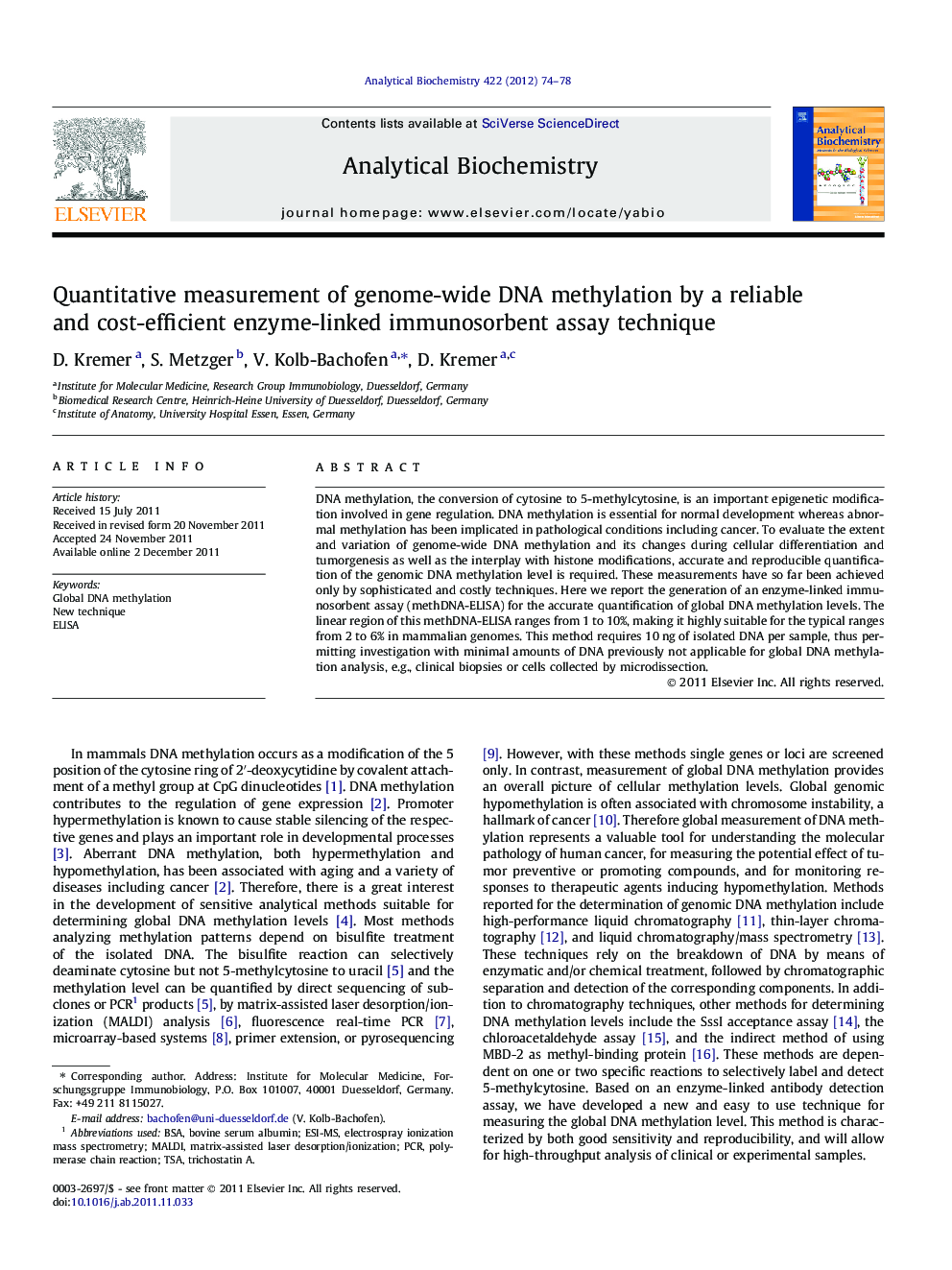 Quantitative measurement of genome-wide DNA methylation by a reliable and cost-efficient enzyme-linked immunosorbent assay technique