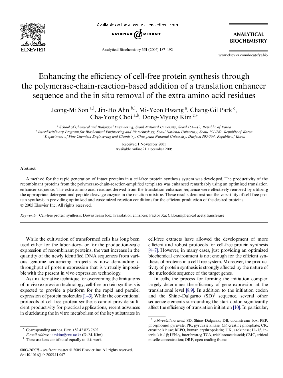 Enhancing the efficiency of cell-free protein synthesis through the polymerase-chain-reaction-based addition of a translation enhancer sequence and the in situ removal of the extra amino acid residues