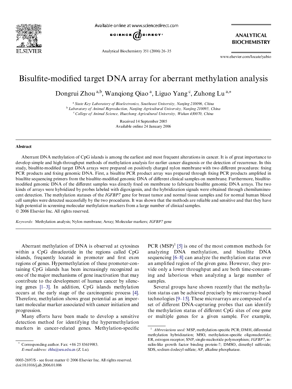 Bisulfite-modified target DNA array for aberrant methylation analysis