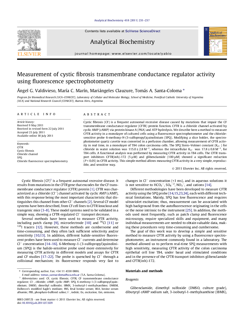 Measurement of cystic fibrosis transmembrane conductance regulator activity using fluorescence spectrophotometry