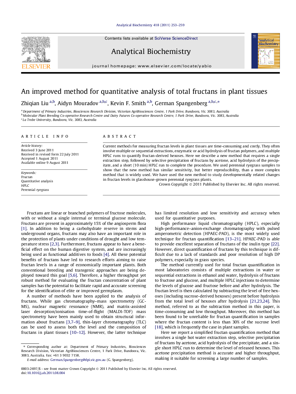 An improved method for quantitative analysis of total fructans in plant tissues