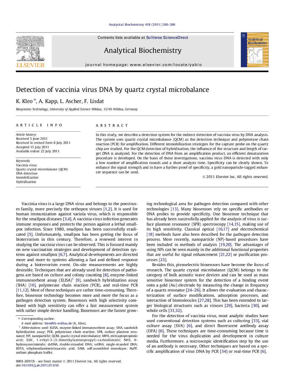 Detection of vaccinia virus DNA by quartz crystal microbalance