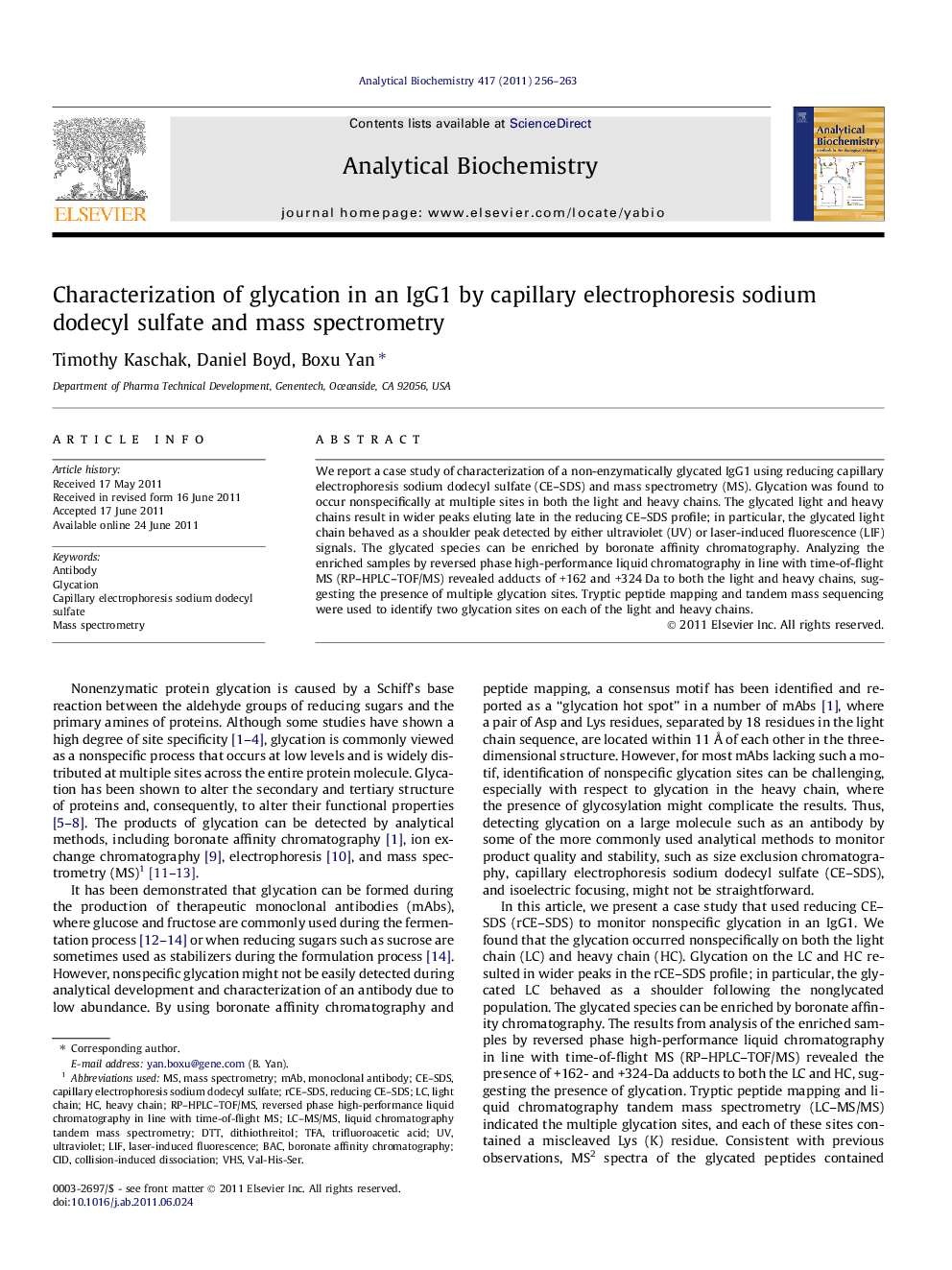 Characterization of glycation in an IgG1 by capillary electrophoresis sodium dodecyl sulfate and mass spectrometry