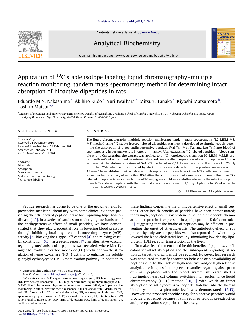 Application of 13C stable isotope labeling liquid chromatography–multiple reaction monitoring–tandem mass spectrometry method for determining intact absorption of bioactive dipeptides in rats