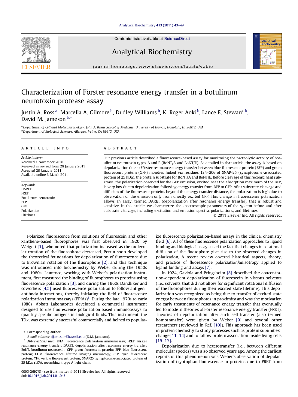 Characterization of Förster resonance energy transfer in a botulinum neurotoxin protease assay