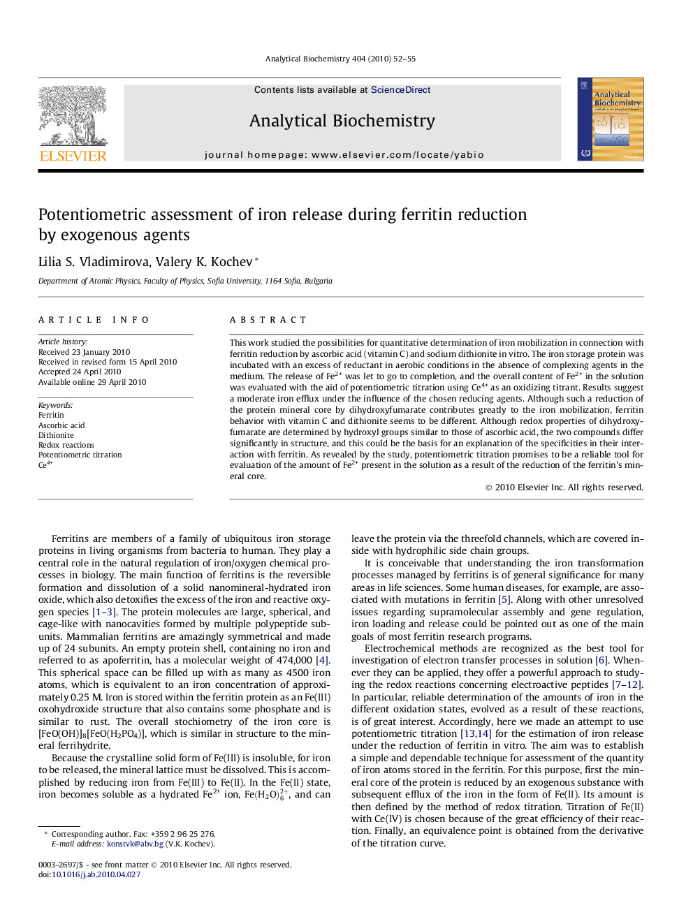 Potentiometric assessment of iron release during ferritin reduction by exogenous agents