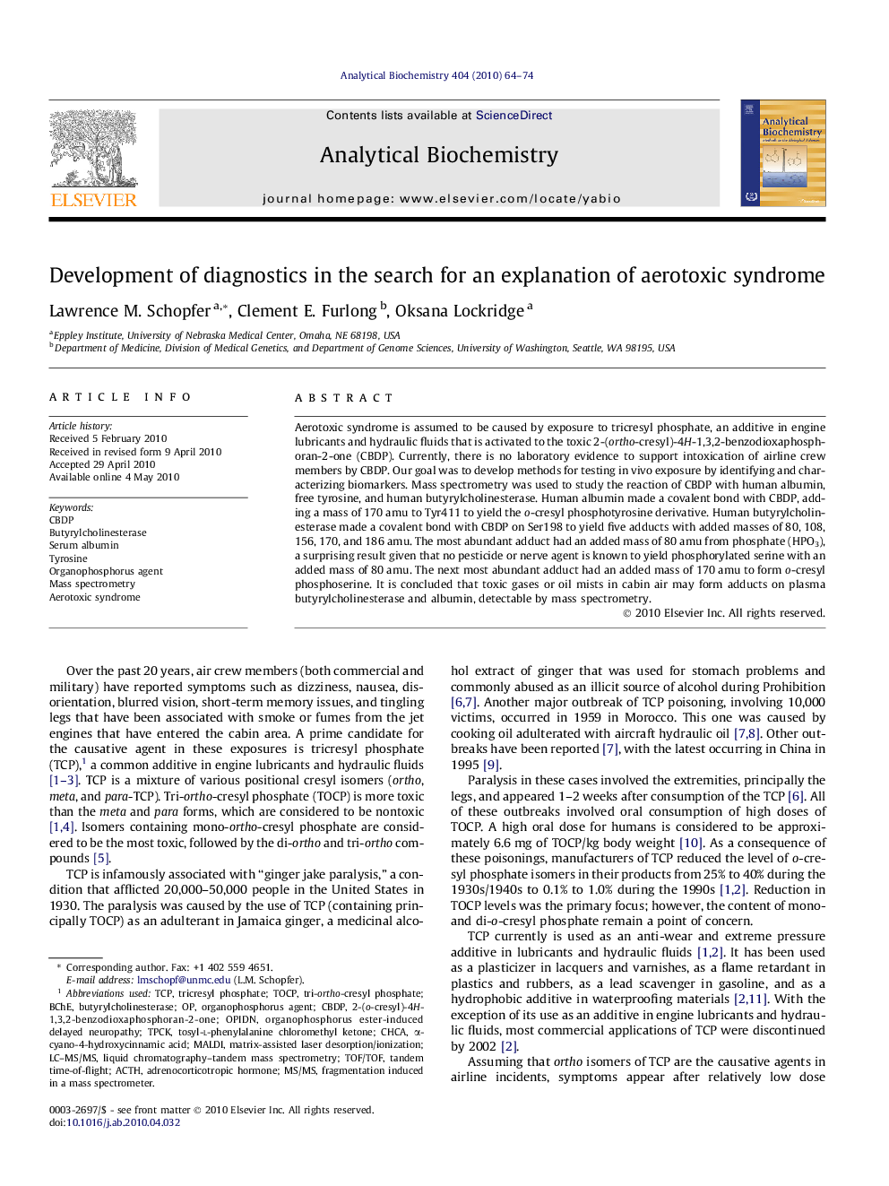 Development of diagnostics in the search for an explanation of aerotoxic syndrome