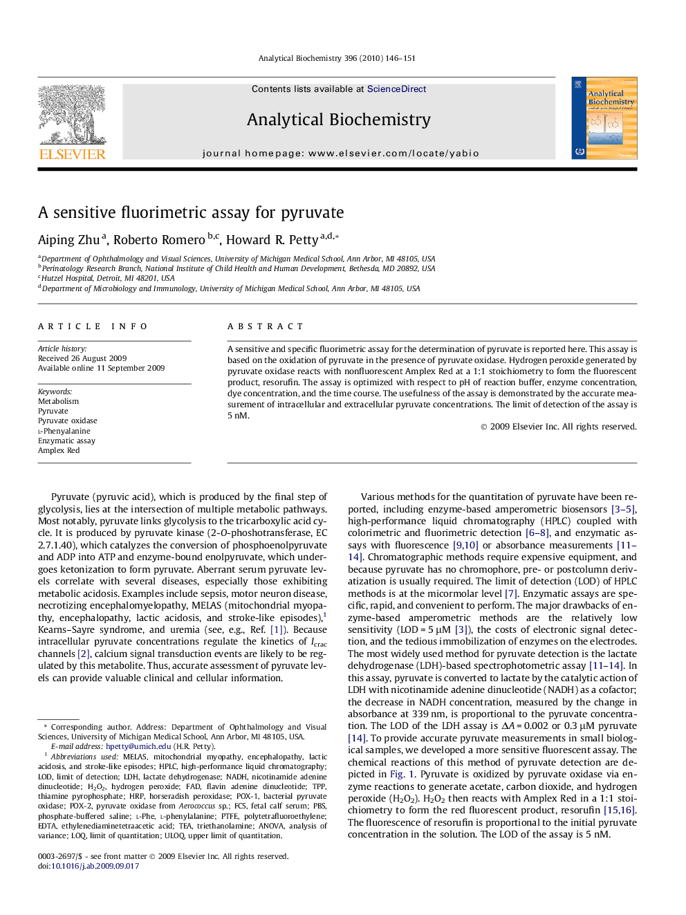 A sensitive fluorimetric assay for pyruvate